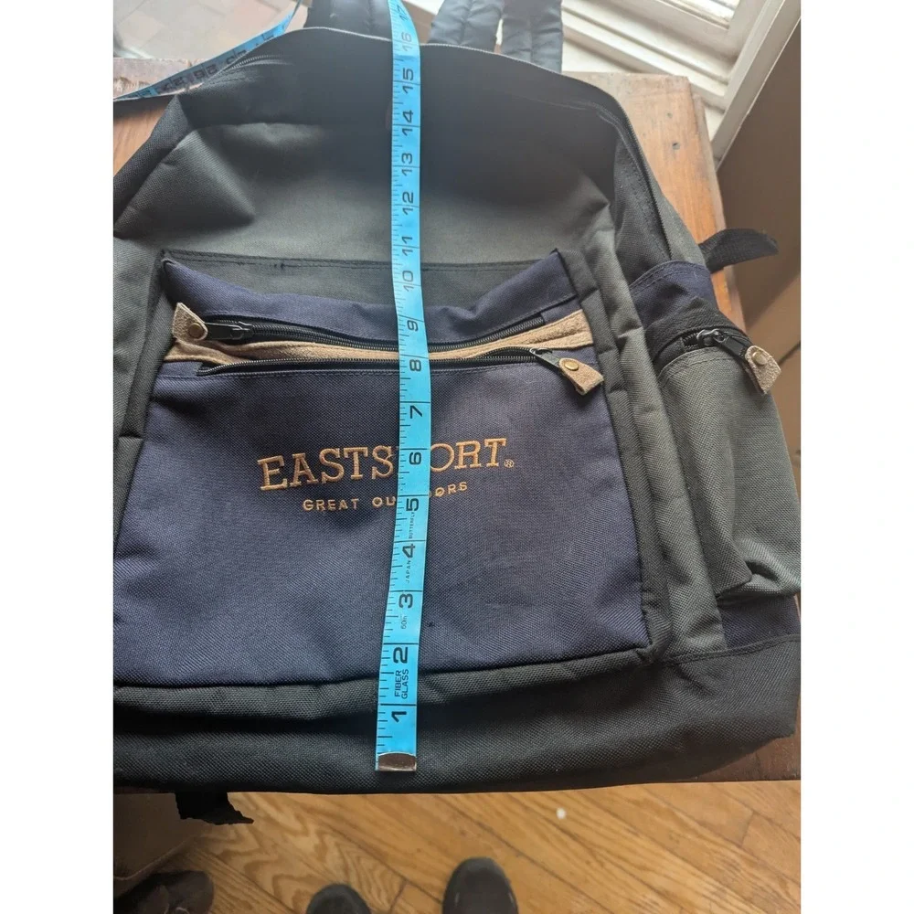 Vintage Eastport Backpack Forrest Green Nylon‎ Tan Suede Trim Zip 5 Pockets